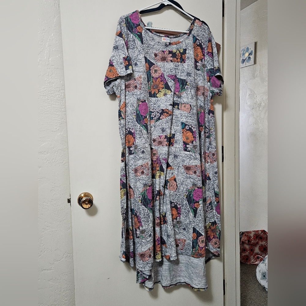 LuLaRoe High-Low Floral Dress in Gray, Pink, Orange, Purple, Green
